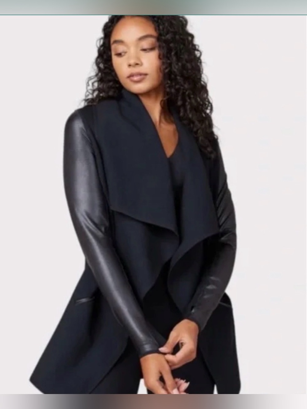 SPANX Black Draped Open-Front Jacket with Faux Leather Sleeves